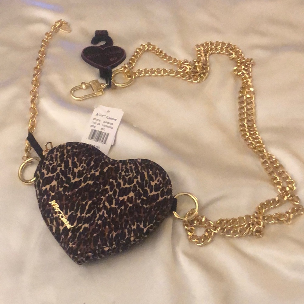 Betsey Johnson Gold Tone Chain Link Belt Leopard Heart ZA Pouch Size M/L NWT